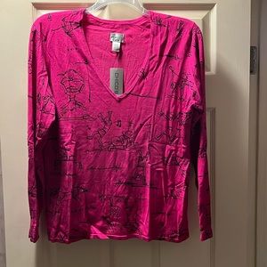 Chico’s raspberry deep V neck sweater with fun designs in black different memes